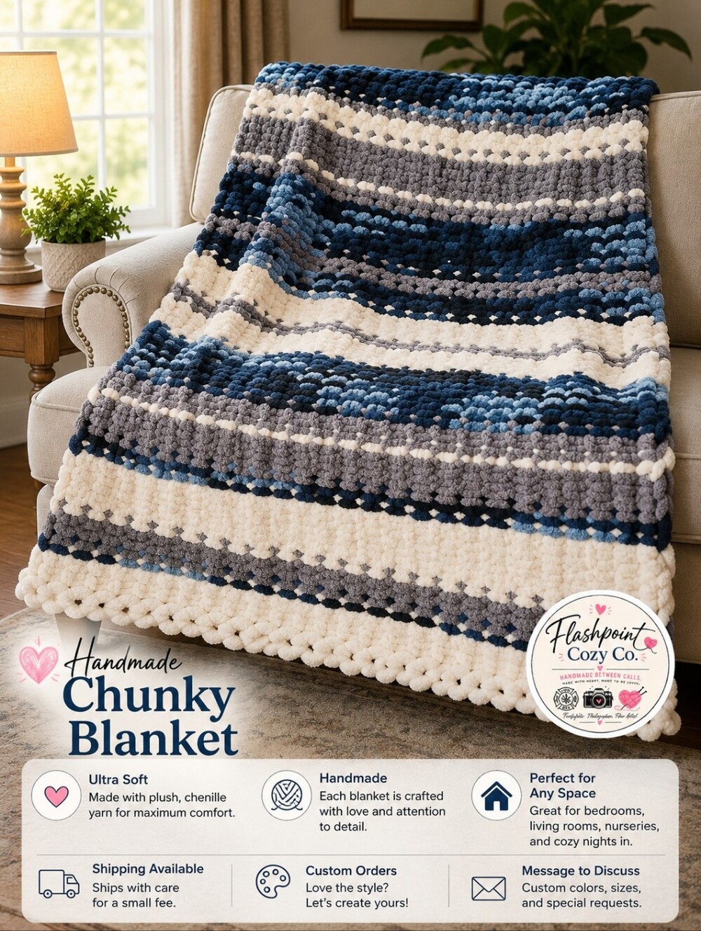 Handmade Chunky Throw Blanket - Navy, White & Gray